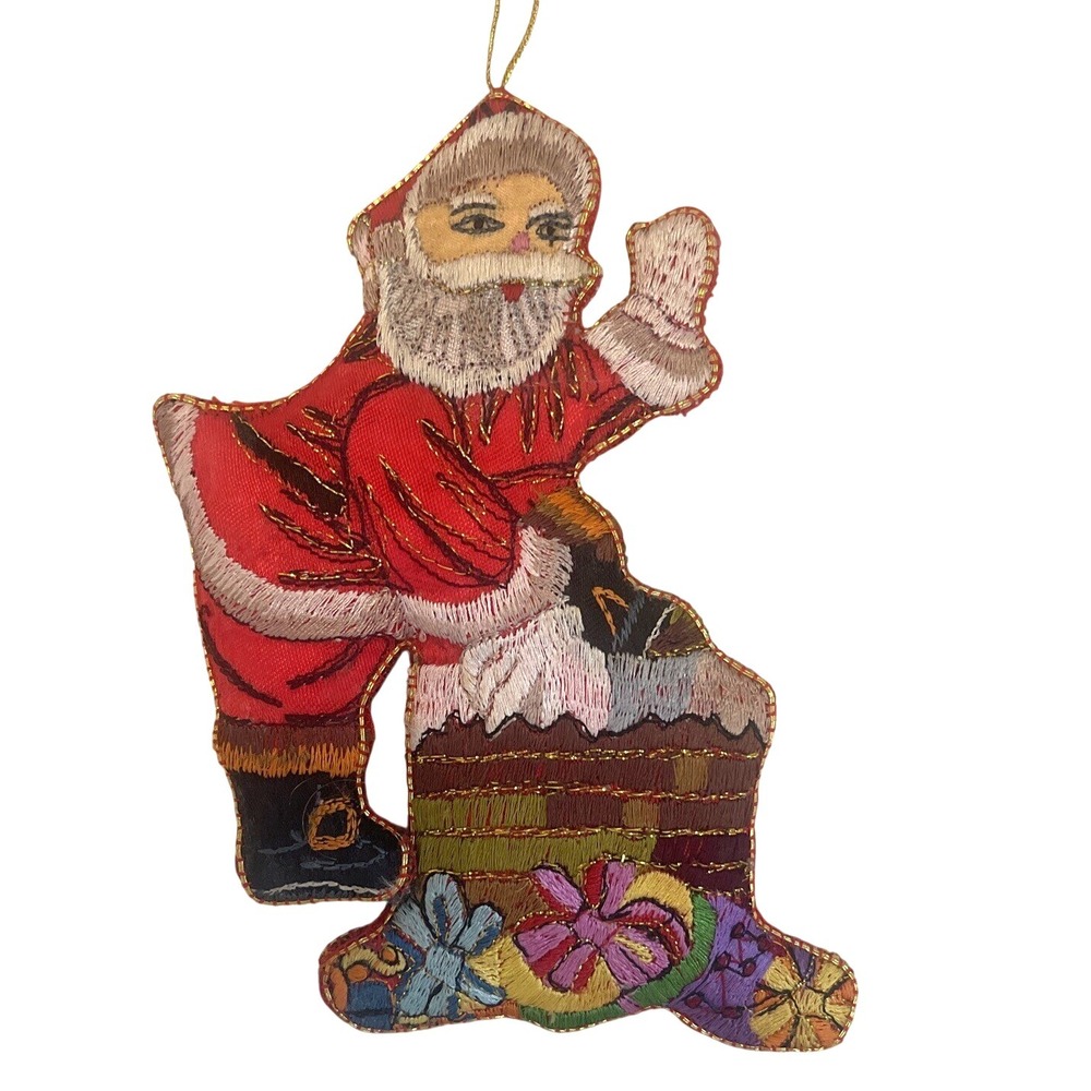 Vintage Chinese Silk Embroidered Fabric Christmas Santa Ornament‎ gold Presents